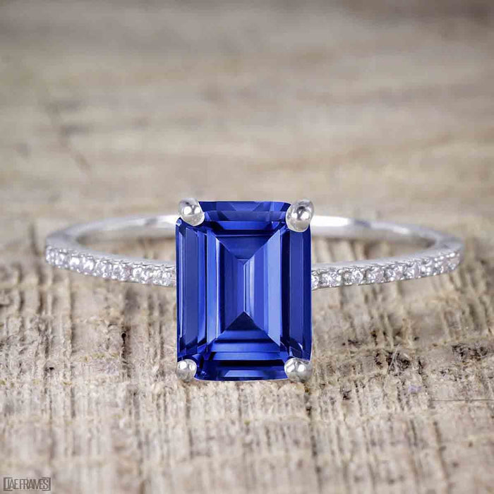 Art Deco 1.25 Carat Emerald Cut Sapphire and Diamond Wedding Ring Set in White Gold