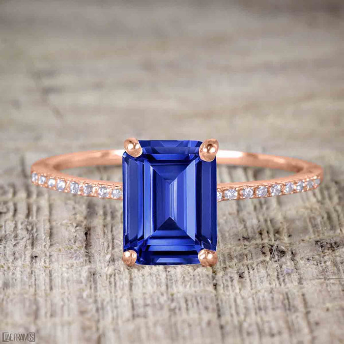 1.25 Carat Emerald Cut Sapphire and Diamond Wedding Ring Set in Rose Gold