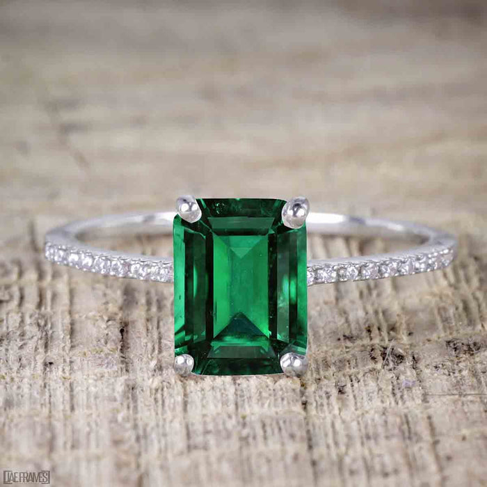1.50 Carat emerald cut Emerald and Diamond Solitaire Trio Wedding Bridal Ring Set in White Gold