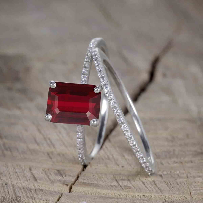 Unique 1.50 Carat Ruby cut Ruby and Diamond Trio Wedding Ring Set in White Gold for Her