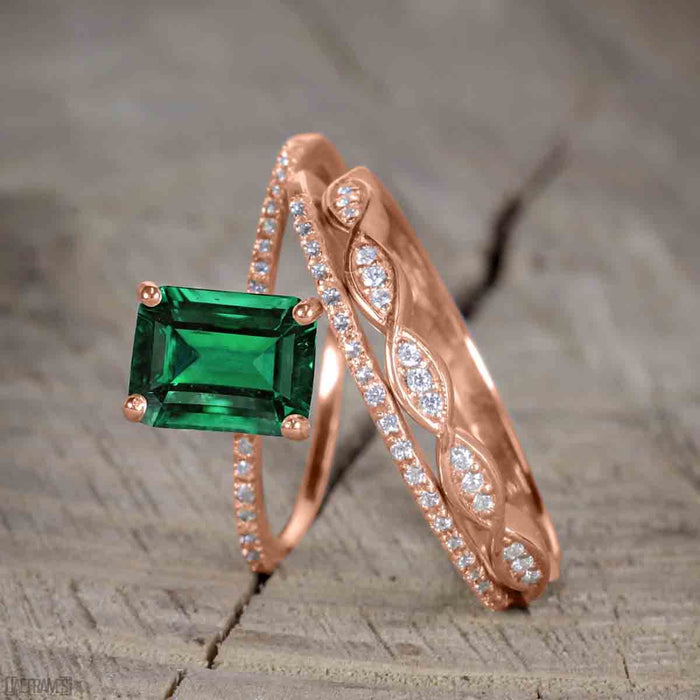 1.50 Carat emerald cut Emerald and Diamond Trio Wedding Ring Set for Women in Rose Gold