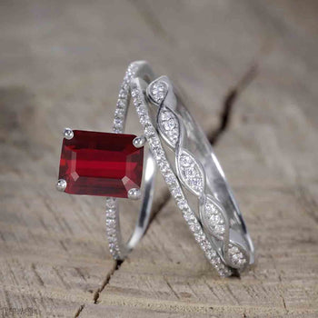 1.50 Carat Ruby cut Ruby and Diamond Trio Wedding Ring Set for Women in White Gold