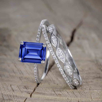 1.50 Carat Emerald Cut Sapphire and Diamond Trio Wedding Ring Set for Women in White Gold