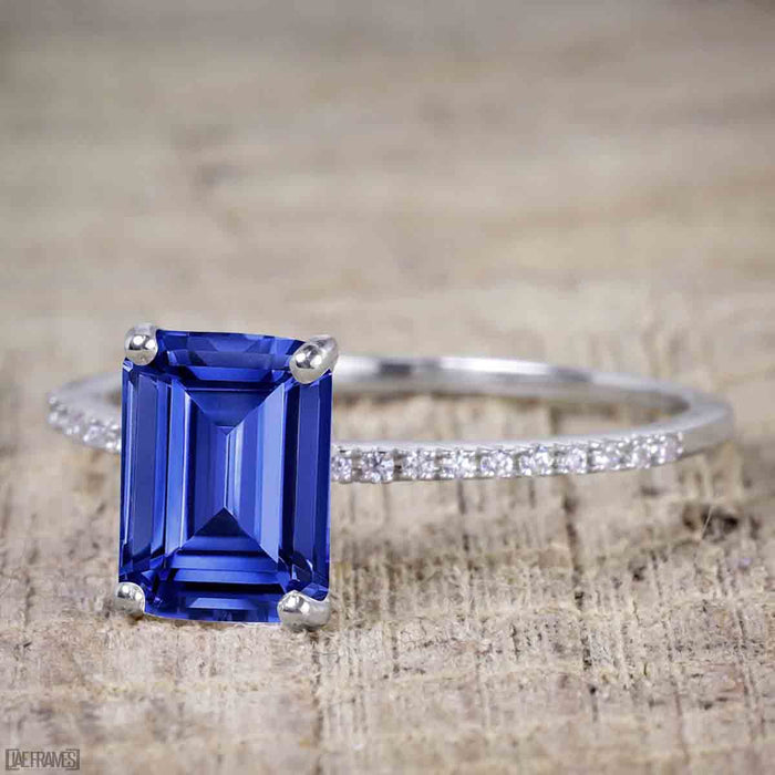 Perfect 1.25 Carat Emerald Cut Sapphire and Diamond Bridal Ring Set in White Gold
