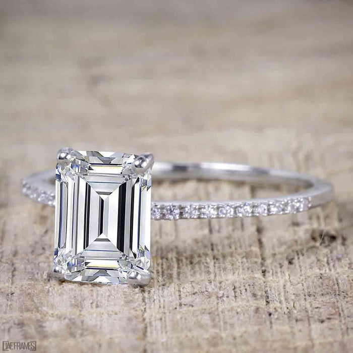 1.25 Carat Emerald Cut Moissanite and Diamond Solitaire Engagement Ring in White Gold
