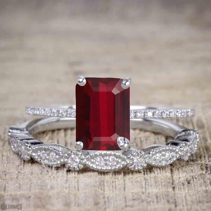 Artdeco 1.50 Carat Ruby cut Ruby and Diamond Trio Wedding Bridal Ring Set White Gold