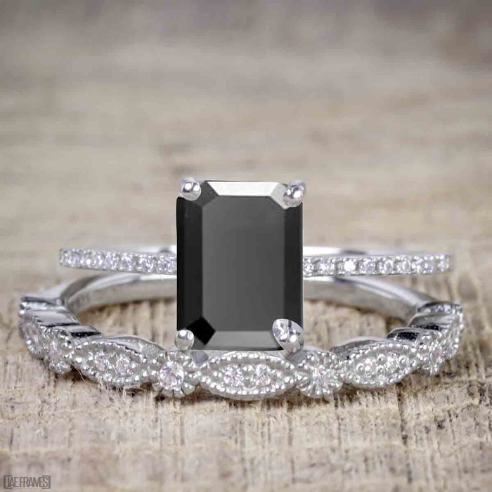 Art Deco 1.50 Carat Emerald Cut Black Diamond Wedding Bridal Ring Set in White Gold