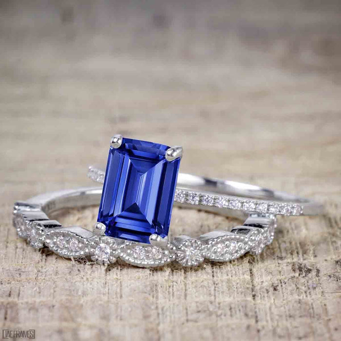 Art Deco 1.25 Carat Emerald Cut Sapphire and Diamond Wedding Ring Set in White Gold