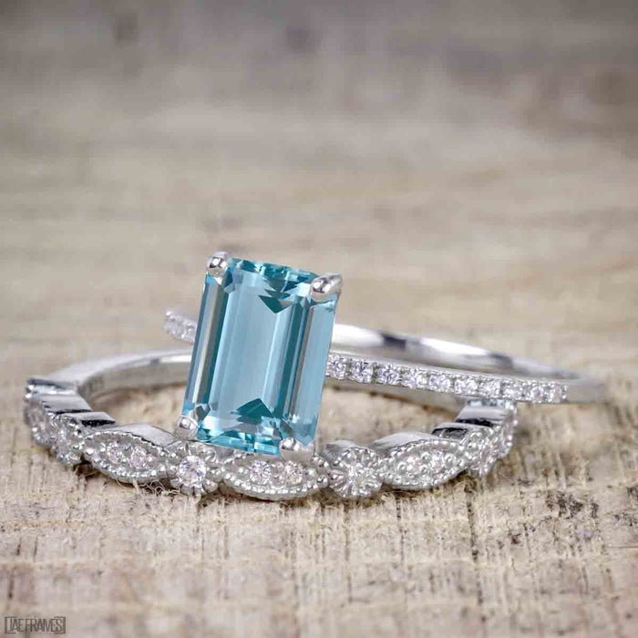Art Deco 1.5 Carat Emerald Cut Aquamarine and Diamond Wedding Bridal Ring Set in White Gold