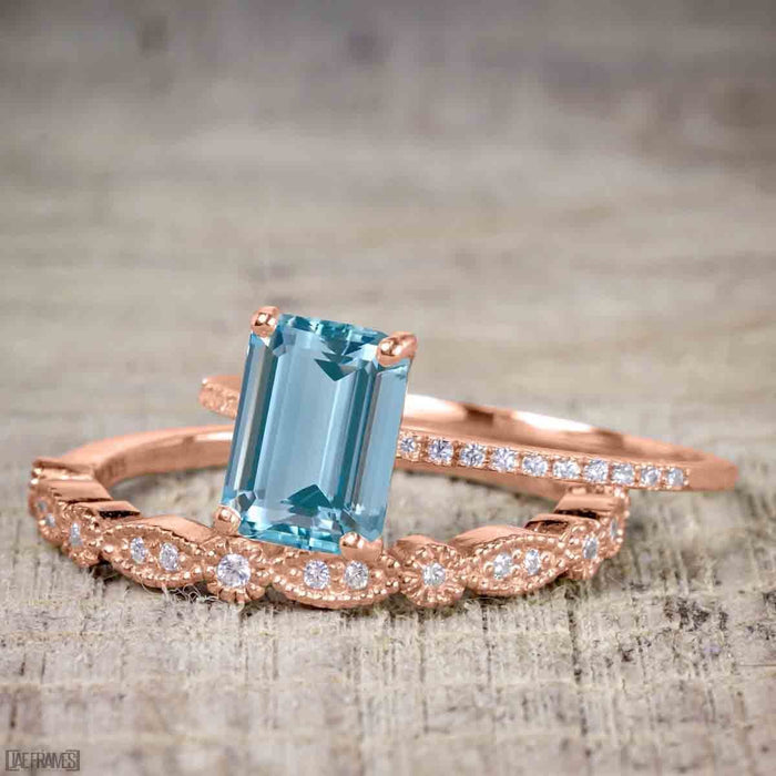 Art Deco 1.5 Carat Emerald Cut Aquamarine and Diamond Wedding Bridal Ring Set in Rose Gold