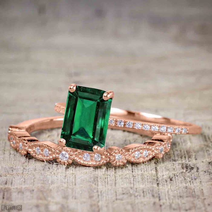 Artdeco 1.25 Carat emerald cut Emerald and Diamond Wedding Bridal Ring Set in Rose Gold
