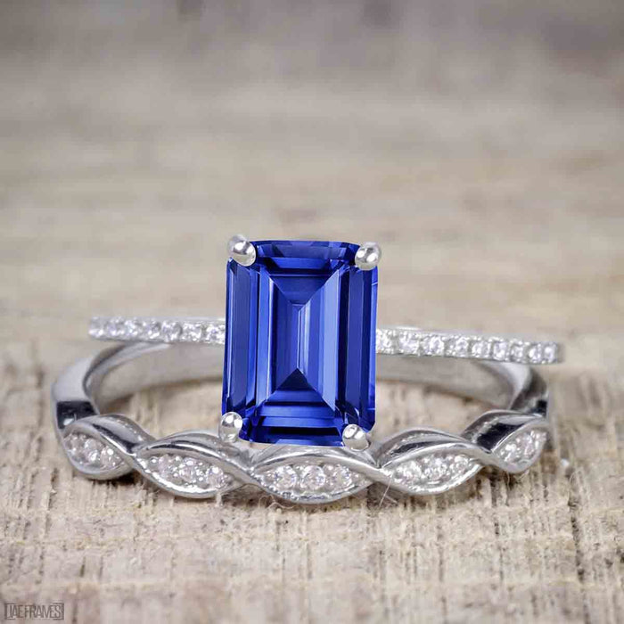 1.50 Carat Emerald Cut Sapphire and Diamond Solitaire Trio Wedding Bridal Ring Set in White Gold