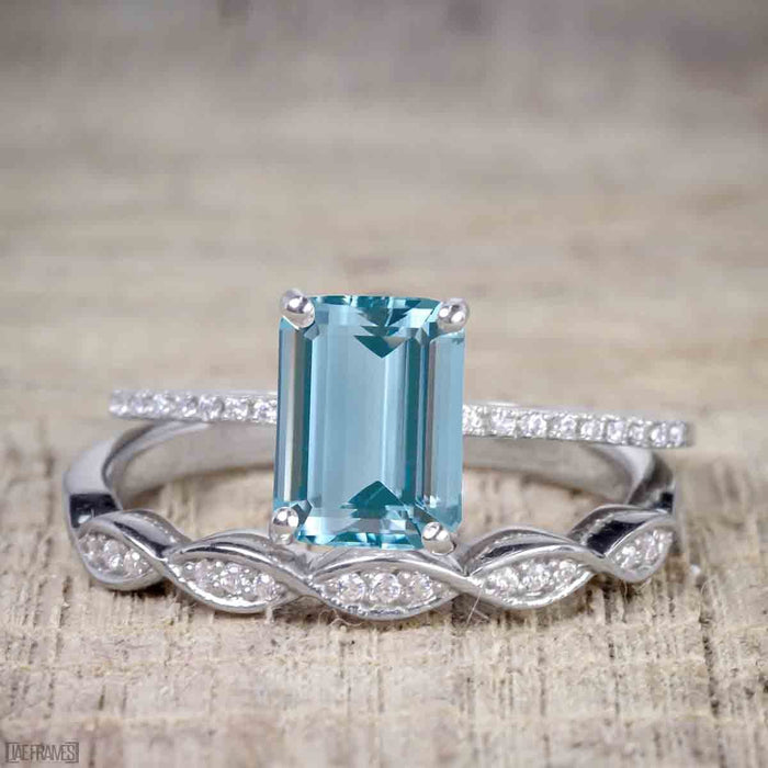 Art Deco 2 Carat Emerald Cut Aquamarine and Diamond Trio Wedding Bridal Ring Set White Gold