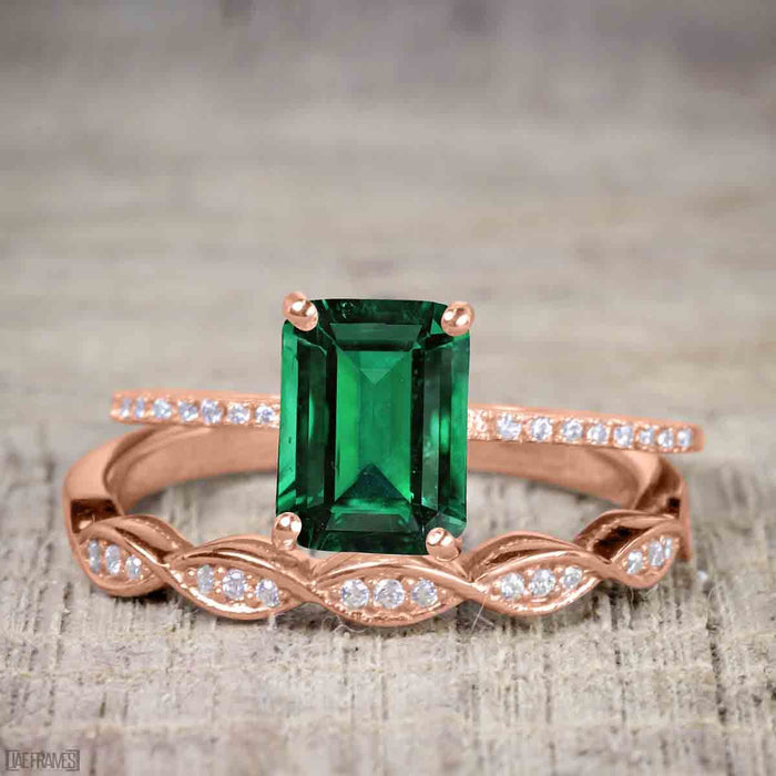 1.5 Carat Emerald Cut Emerald and Diamond Wedding Ring Set in Rose Gold