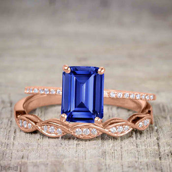 1.25 Carat Emerald Cut Sapphire and Diamond Wedding Ring Set in Rose Gold