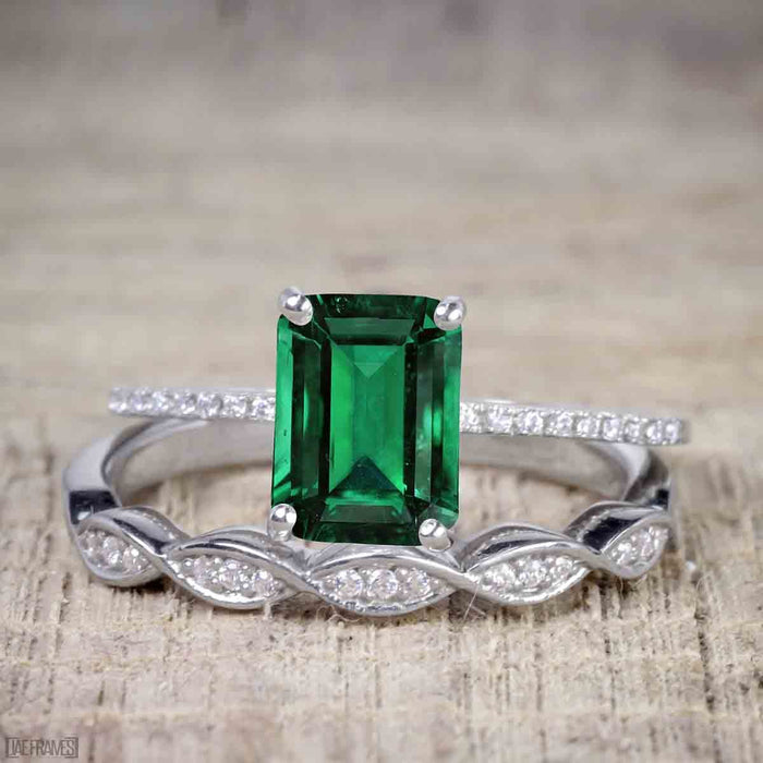 1.50 Carat emerald cut Emerald and Diamond Solitaire Trio Wedding Bridal Ring Set in White Gold