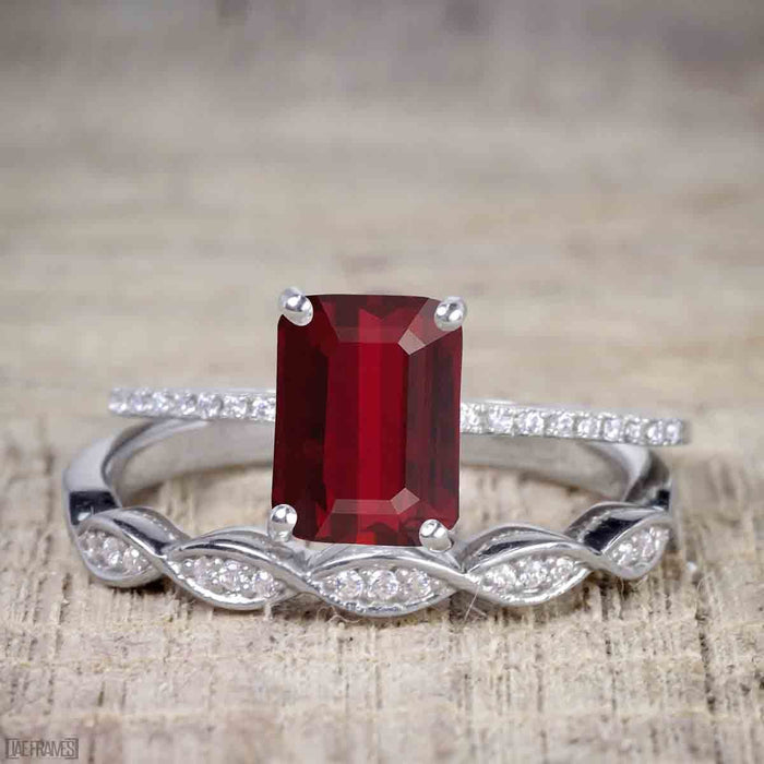 1.25 Carat Ruby cut Ruby and Diamond Wedding Ring Set in White Gold