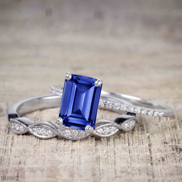 1.25 Carat Emerald Cut Sapphire and Diamond Wedding Ring Set in White Gold