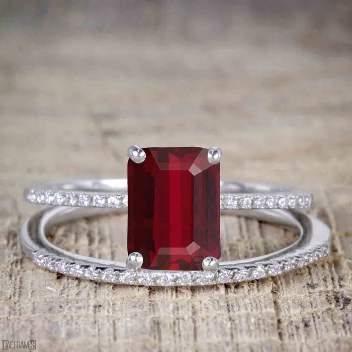 Perfect 1.25 Carat Ruby cut Ruby and Diamond Bridal Ring Set in White Gold
