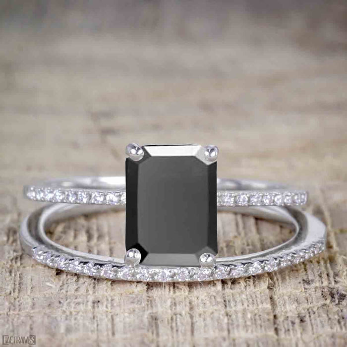 Perfect 1.50 Carat Emerald Cut Black Diamond Bridal Ring Set in White Gold