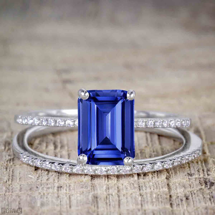 Perfect 1.25 Carat Emerald Cut Sapphire and Diamond Bridal Ring Set in White Gold