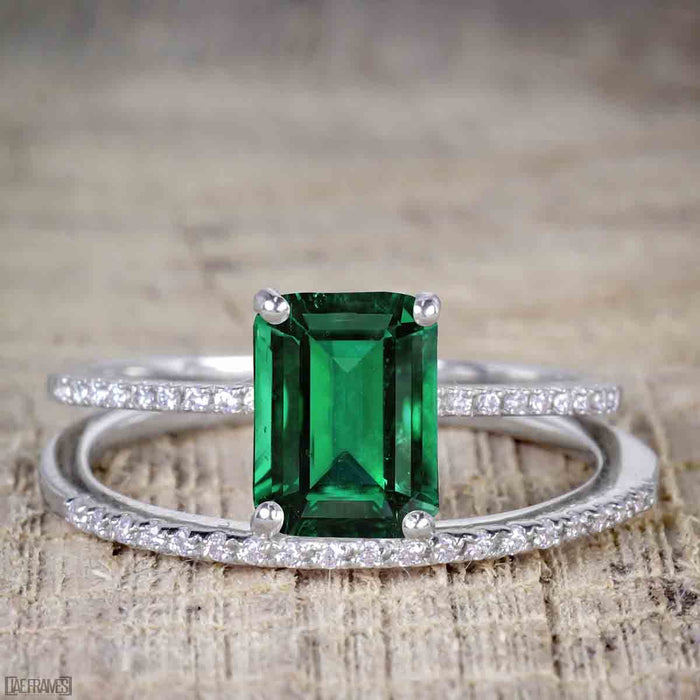 Perfect 1.25 Carat emerald cut Emerald and Diamond Bridal Ring Set in White Gold