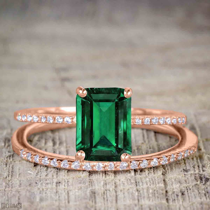 Perfect 1.25 Carat emerald cut Emerald and Diamond Bridal Ring Set in Rose Gold