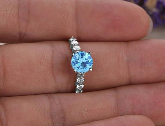 Perfect 1.25 Carat Round Cut Aquamarine and Diamond Engagement Ring in White Gold