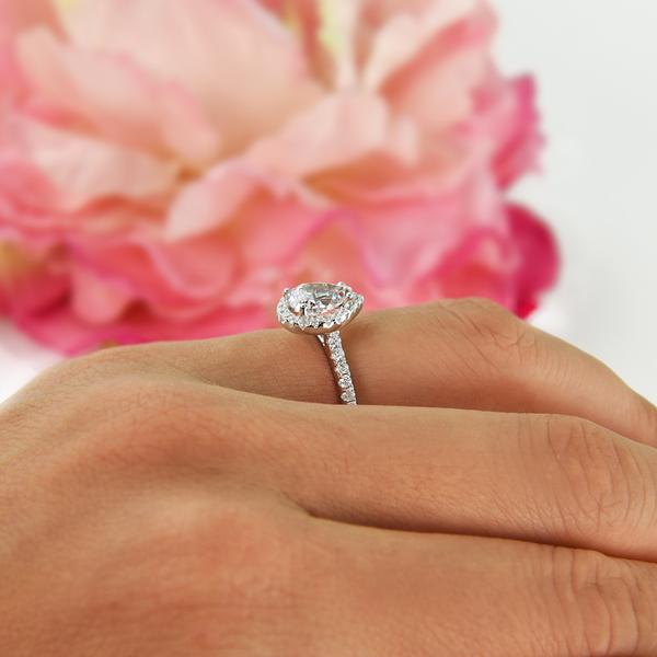 1.5 Carat Pear Cut Halo Engagement Ring in White Gold over Sterling Silver