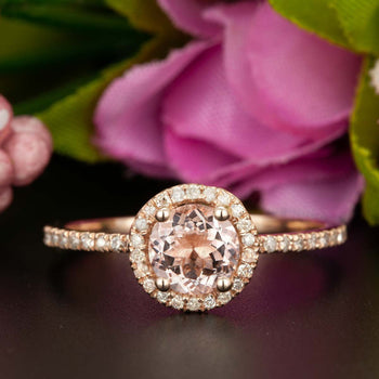 Unique 1.25 Carat Round Cut Peach Morganite and Diamond Engagement Ring in Rose Gold Beautiful Ring