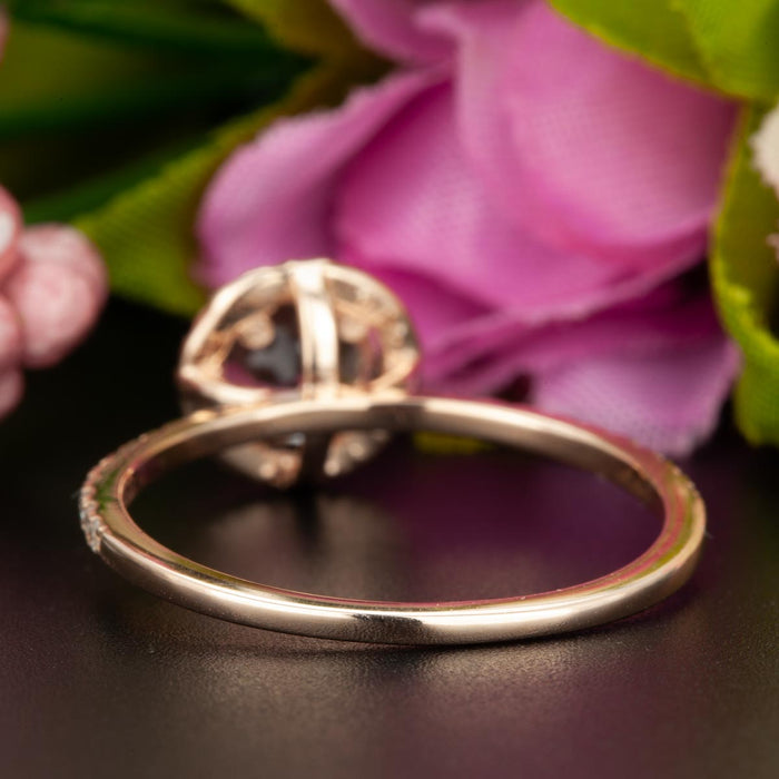 1.25 Carat Round Cut Halo Ruby and Diamond Engagement Ring in 9k Rose Gold
