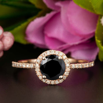 1.25 Carat Round Cut Halo Black Diamond and Diamond Engagement Ring in Rose Gold