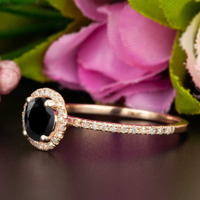 1.25 Carat Round Cut Halo Black Diamond and Diamond Engagement Ring in Rose Gold