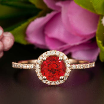 1.25 Carat Round Cut Halo Ruby and Diamond Engagement Ring in 9k Rose Gold