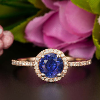 1.25 Carat Round Cut Halo Sapphire and Diamond Engagement Ring in Rose Gold