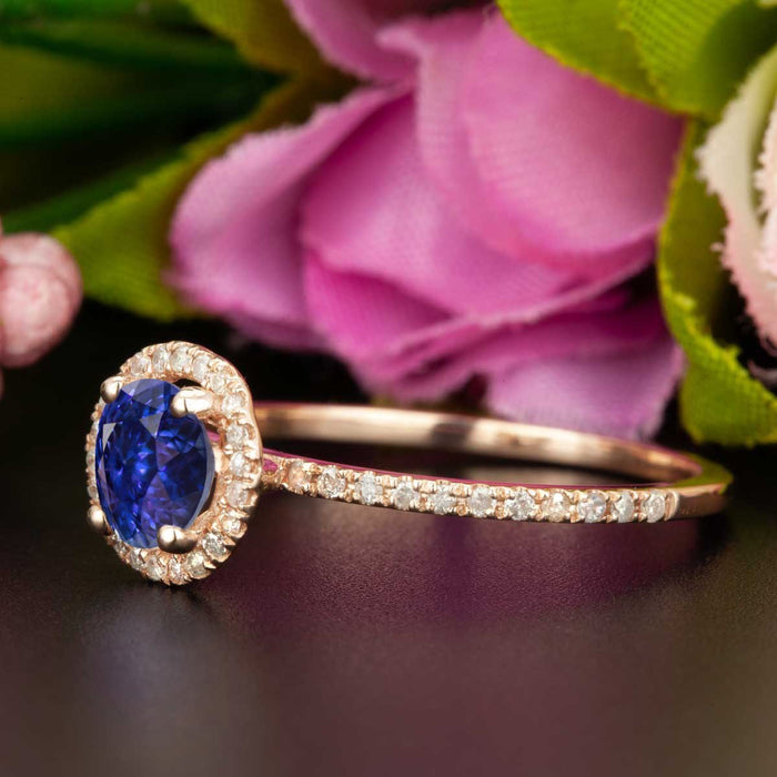 1.25 Carat Round Cut Halo Sapphire and Diamond Engagement Ring in Rose Gold