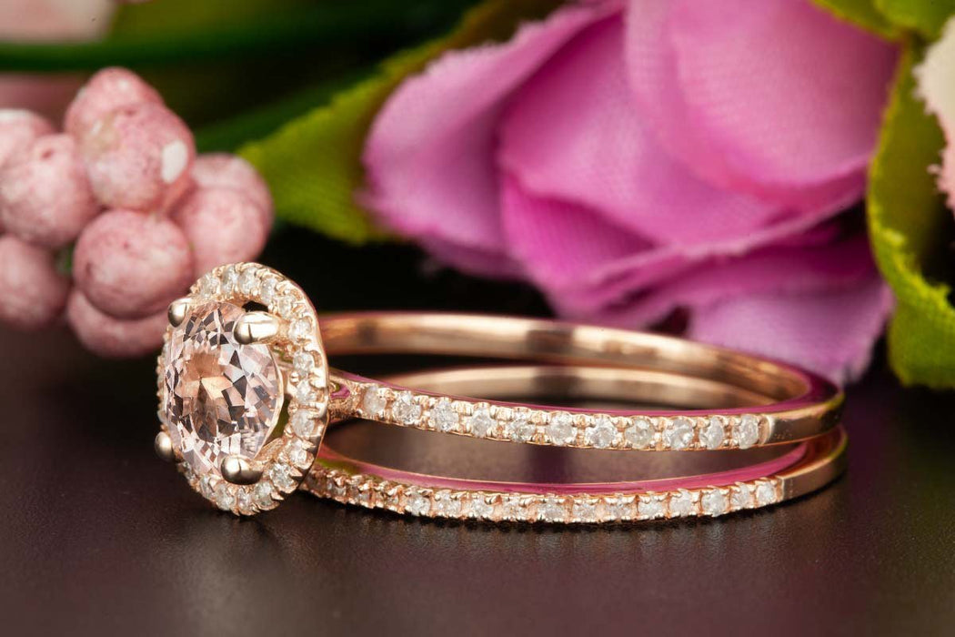 1.50 Carat Round Cut Peach Morganite and Diamond Wedding Ring Set in Rose Gold Stunning Ring