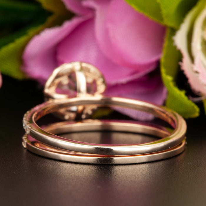 1.5 Carat Round Cut Halo Ruby and Diamond Wedding Ring Set in 9k Rose Gold