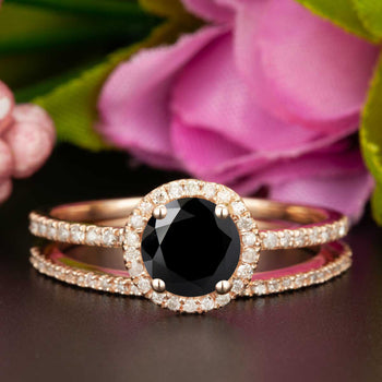 1.5 Carat Round Cut Halo Black Diamond and Diamond Wedding Ring Set in 9k Rose Gold