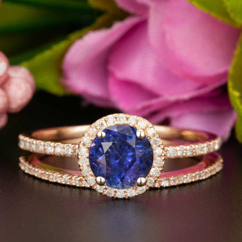 1.50 Carat Round Cut Halo Sapphire and Diamond Wedding Ring Set in Rose Gold