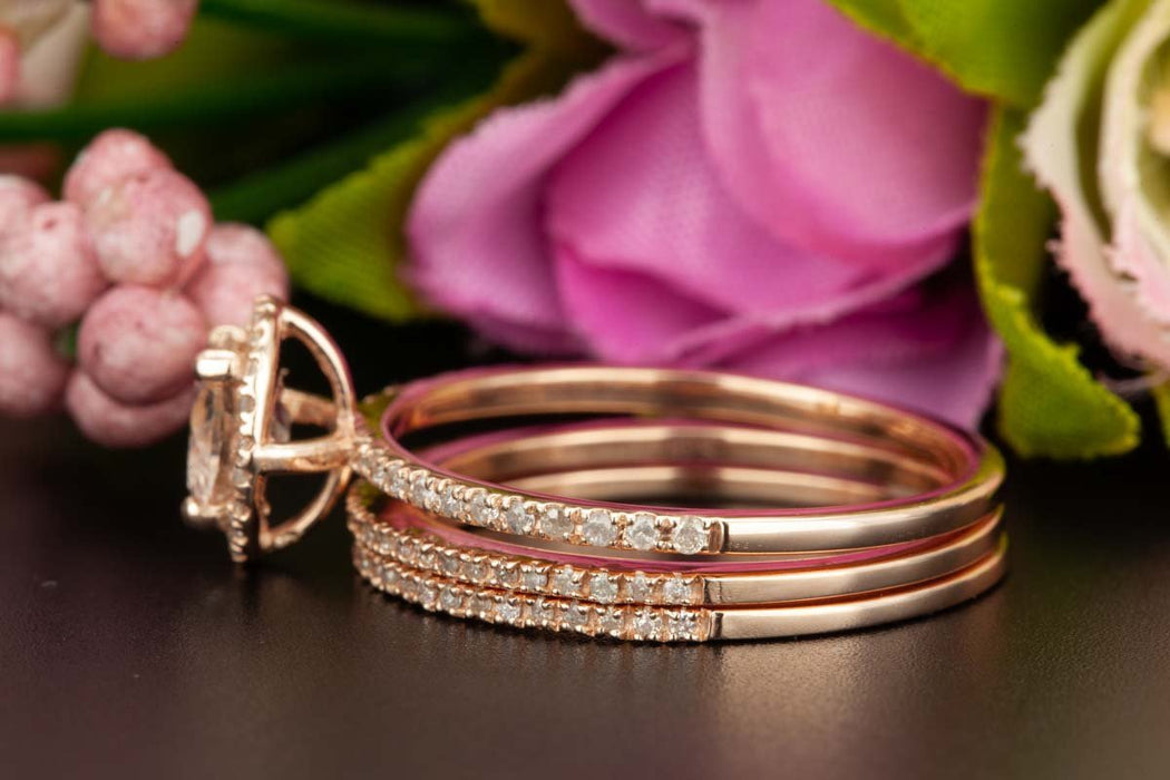 2 Carat Round Cut Halo Sapphire and Diamond Trio Wedding Ring Set in Rose Gold