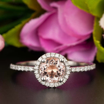 Designer 1.25 Carat Round Cut Peach Morganite and Diamond Engagement Ring in White Gold Customized Ring