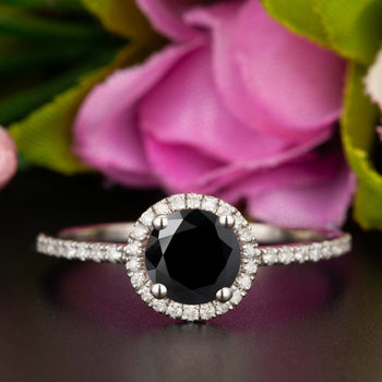 1.25 Carat Round Cut Halo Black Diamond and Diamond Engagement Ring in White Gold