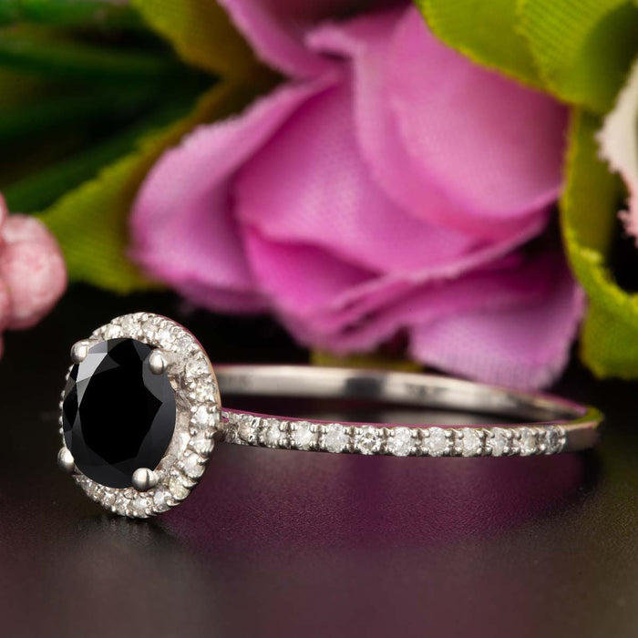 1.25 Carat Round Cut Halo Black Diamond and Diamond Engagement Ring in White Gold