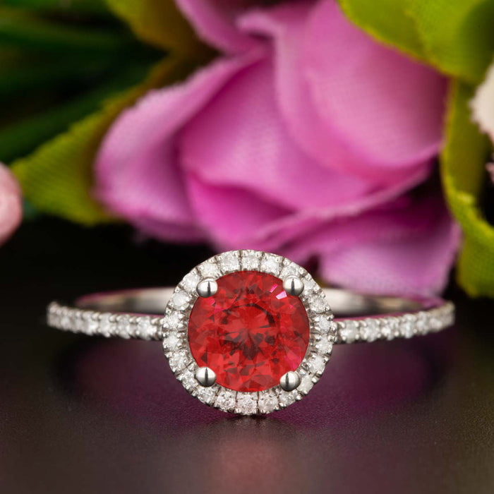 1.25 Carat Round Cut Halo Ruby and Diamond Engagement Ring in 9k White Gold