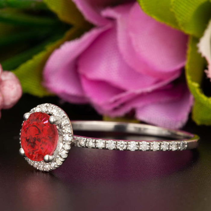 1.25 Carat Round Cut Halo Ruby and Diamond Engagement Ring in 9k White Gold