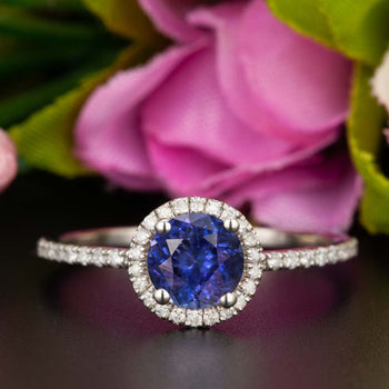 1.25 Carat Round Cut Halo Sapphire and Diamond Engagement Ring in White Gold