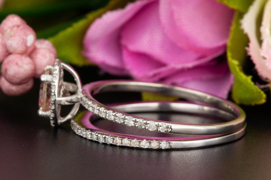 1.50 Carat Round Cut Peach Morganite and Diamond Bridal Ring Set in White Gold Stunning Ring