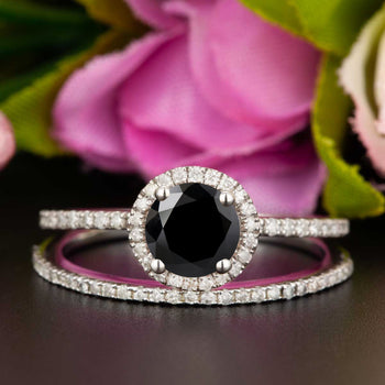 1.5 Carat Round Cut Halo Black Diamond and Diamond Wedding Ring Set in 9k White Gold