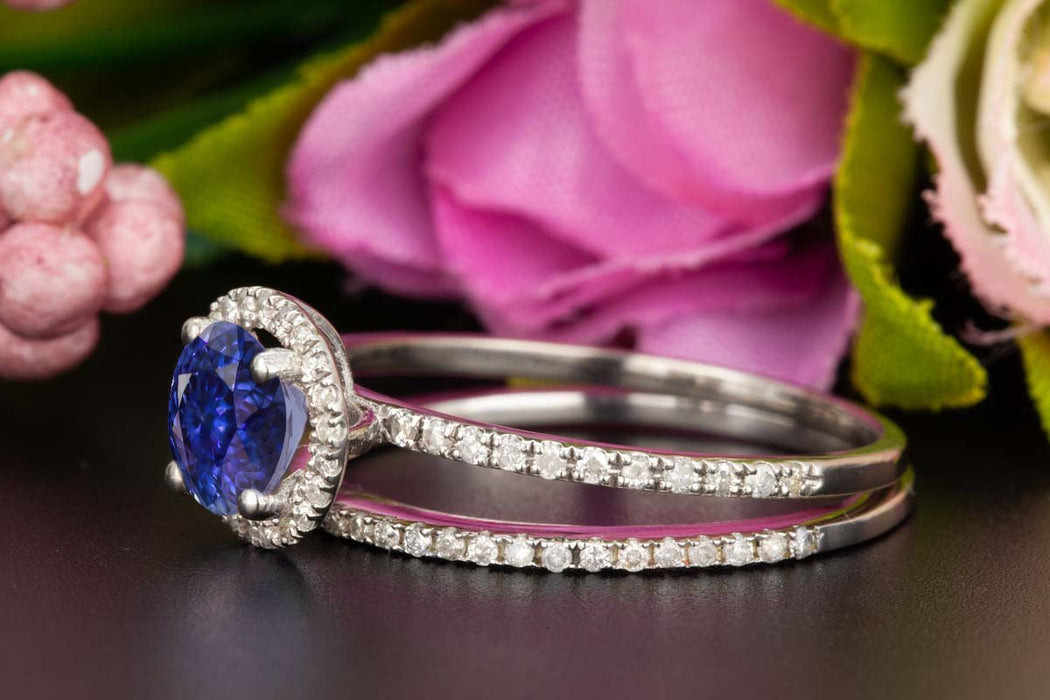1.50 Carat Round Cut Halo Sapphire and Diamond Wedding Ring Set in White Gold